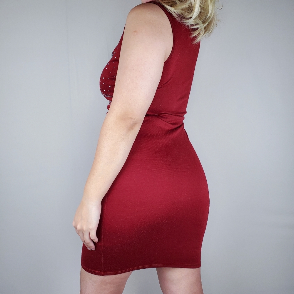 Jewel Dark Wine Red V-neck Mini Dress